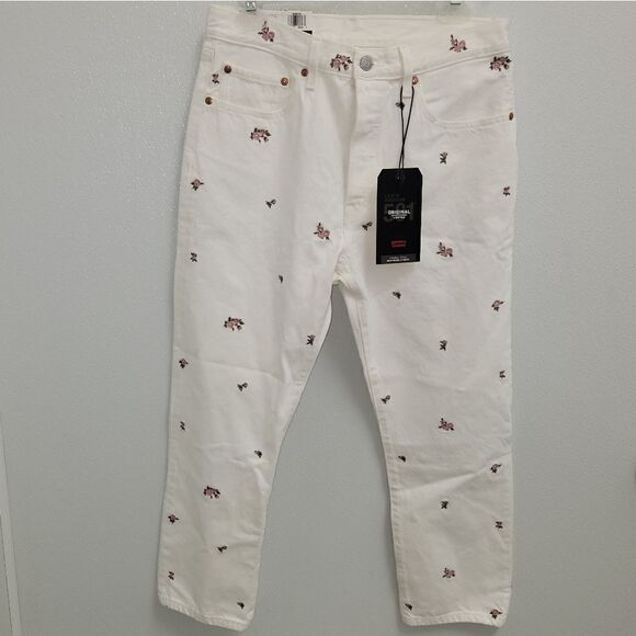 LEVIS 501 High Rise CROPPED WOMEN'S JEANS Flower Embroidered Anthropologie  30 - Picture 1 of 6